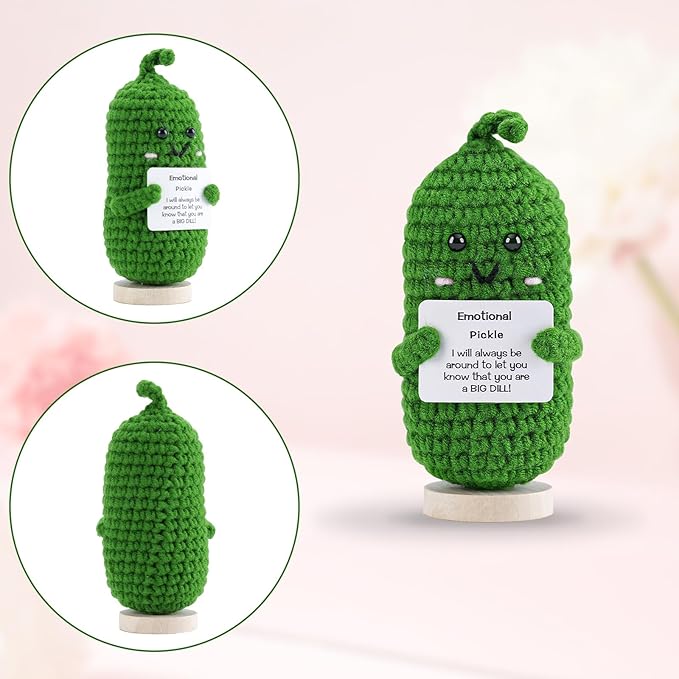 Hoedia Crochet Pickle Dolls Friend Birthday Valentines Gifts for Her Women Wife Girlfriend Sister from Husband Men, Cute Funny Gifts for Coworkers Student Teacher Roommates (Pickle with Base)