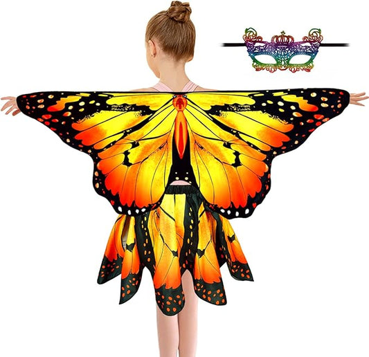 Kids Butterfly Wings Costume for Girls Fairy-Wings Toddler Dress Up Play Costumes Butterfly Skirt Set Mask Party Favors Gifts(Orange+skirt sets)