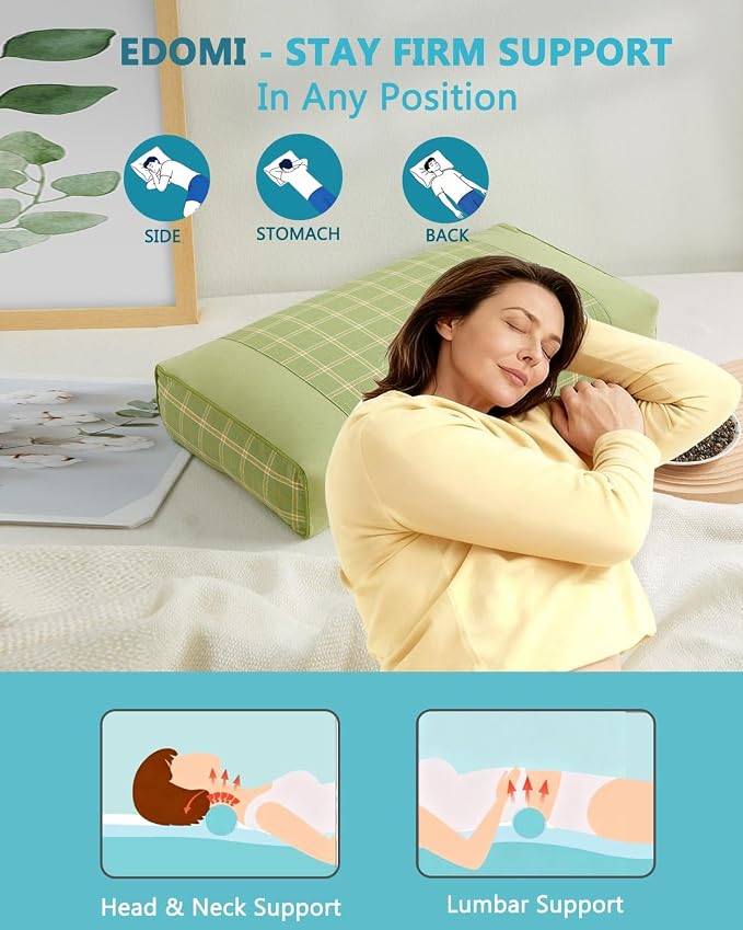 Buckwheat Cube Pillows for Side Sleepers,19.6"x9.8" Buckwheat Hulls Filling Cervical Neck Support Pillows for Sleeping, Customizable Height, Plaid Pillow Covers,Green