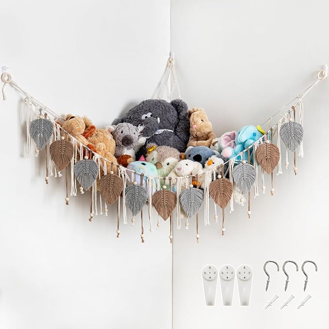Pretty Jolly Macrame Stuffed Animal Hammock with Beads Hand Woven Leaf Tassels Corner Hanging Net Boho Plush Holder for Tosy Kid Room Nursery Decor Organizer for Girls Gift(Sage Green&Avocado Green)