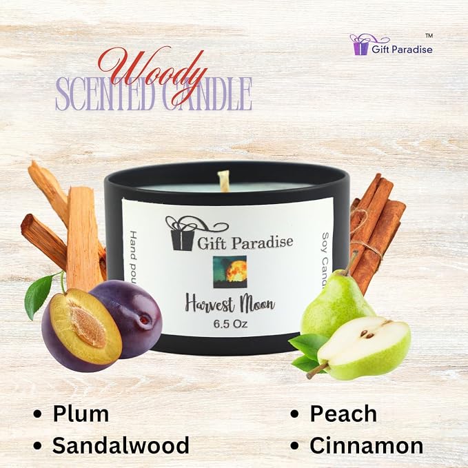 Harvest Moon Soy Wax Candle in Black Metal Tin, 6.5 oz, Cotton Wick, Midnight Plum, Harvest Quince