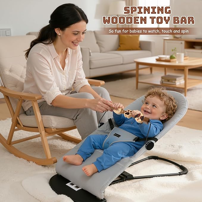 Toy Bar for Baby Bjorn Bouncer - Durable Wooden Sensory Toy Attachment with 360° Rotating Toys, Easy to Install & Remove, Natural Wood Color for Baby Bouncer Bliss & Soft Models