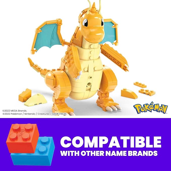 MEGA Pokemon Action Figure Building Toys for Kids, Dragonite with 388 Pieces and Wing Flapping Motion, Age 9+ Years Old Gift Idea