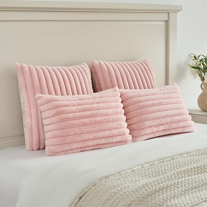 FUTEI Pack of 2 Faux Fur Throw Pillow Covers 12x20 Inch, Pink | Fluffy Faux Rabbit Fur Front/Premium Velvet Back,Hidden Zipper,Machine Washable,Non-Shedding,Colorfast,Insert Not Included.