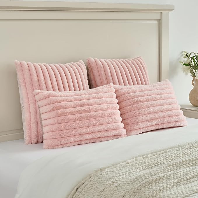 FUTEI Pack of 2 Faux Fur Throw Pillow Covers 20x20 Inch, Pink | Fluffy Faux Rabbit Fur Front/Premium Velvet Back,Hidden Zipper,Machine Washable,Non-Shedding,Colorfast,Insert Not Included.