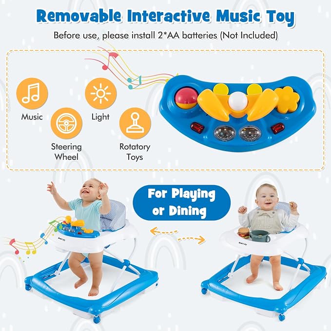 HONEY JOY Baby Walker, 5 in 1 Infant Activity Walker with Wheels, Music, Removable Cushion, Toddler Foldable Push Walker for Boys Girls, Anti-Rollover Walkers for Babies 7-14 Months (Blue)
