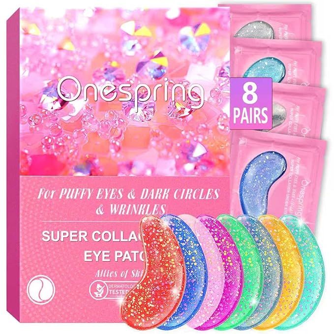 Onespring Eye Masks (8 Pairs) - Travel Essentials - Under Eye Patches for Dark Circles, Puffiness, Fine Lines with Collagen, Revitalises and Refreshes Your Skin, Bridesmaid Gift for Her