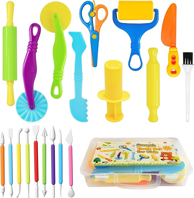 Kleeblatt Dough Tools Set for Kids - 19 Pcs Playdough Kit with 9 Basic Dough Tools, 9 Double-Headed Clay Carving Tools & Cleaning Brush, Safe for Toddlers Ages 2-8, for Clay/Plasticine/Sand