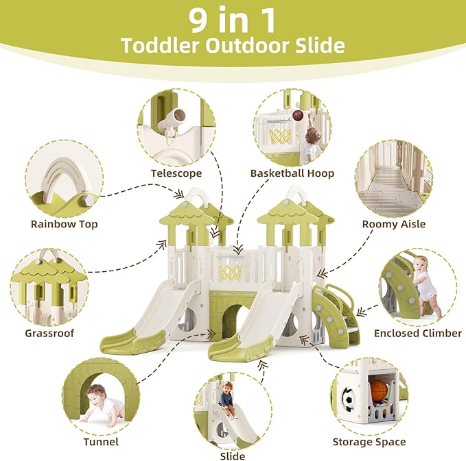 XJD 10 in 1 Toddler Slide, Jungle Double Slide Playset with Basketball Hoop, Tunnel and Storage Space, Outdoor Indoor Slide for Toddlers Age 1+,Tree House Design Toddlers Outdoor Playground (Green)