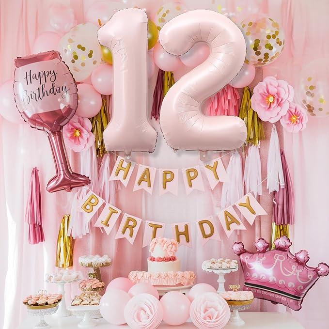 Foil 12 Balloon, Dusty Light Blush Pink Big Number 12 Balloons for Girls Birthday Party Decor, 40'' Mylar Helium Self Inflating Number 12 Baby Pastel Pink Balloon for 12th Birthday Party Decorations