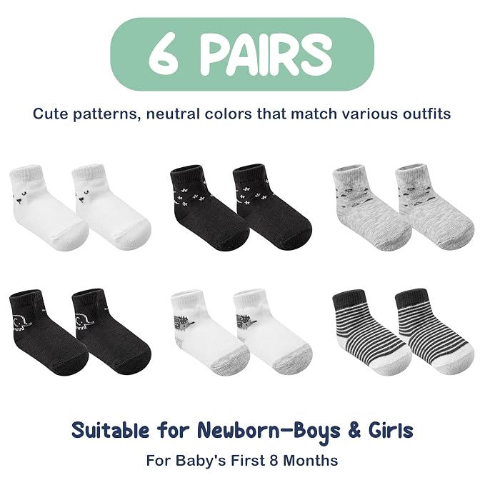 Mother's Choice Organic Cotton Baby Socks 0-6 Months - 06 pairs Unisex, Infant Black Socks, Soft Ankle Girls & Boys, Cozy Newborn Socks and Baby Gift Slipper Sock, Ideal In Daily Handling
