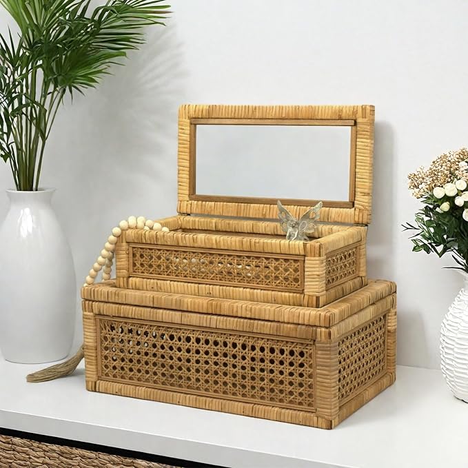 Rattan Display Box for Home Decor with Lid - Rectangular Coastal Bohemian Style Stackable Decorative Storage Box Set - Handmade from Natural Rattan, Cedar & Real Glass