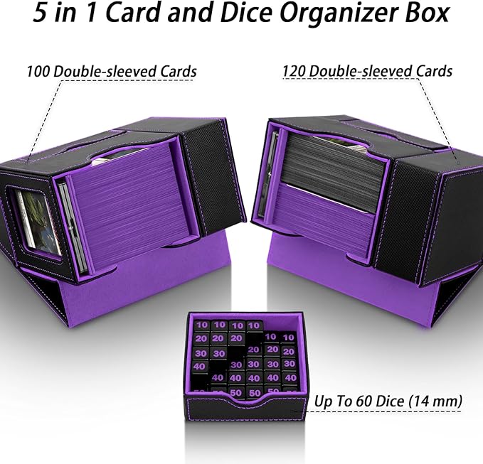 MTG Deck Box for Commander Display with Dice Tower, Fits 100 Double Sleeved Cards for TCG/PTCG, Cards Storage Case with Dice Tray and 35PT Magnetic Card Holder (Black/Violet)