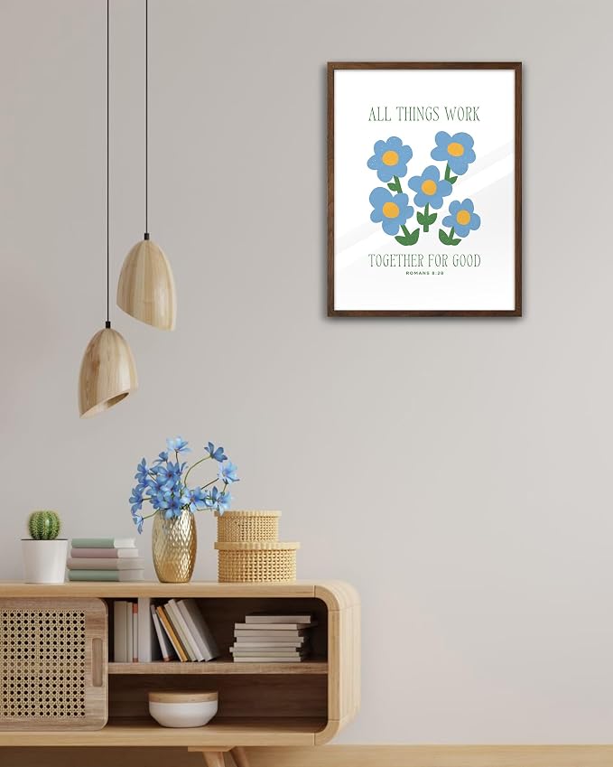 EcoHest 12x16 in Romans 8:28 All Things Work Blue Floral Christian Wall Art | Walnut Color Solid Oak Frame with Canvas Wall Art, Scripture Bible Verse Decor for Bedroom, Living Room, Office, Church,1Pack