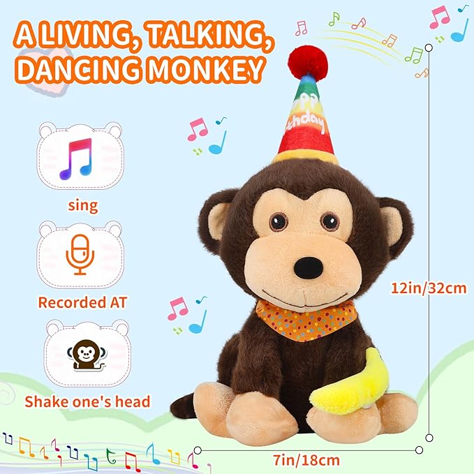 Funny Dancing Singing Monkey Stuffed Animal Happy Birthday Musical Stuffed Animal Singing Dancing Monkey Plush Toy/Repeat What You say/Singing and Head Movement/Gifts for Boy Girl Kids 12" (Brown)
