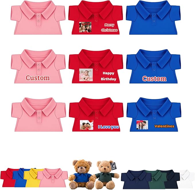 9 Pcs Personalized Teddy Bear Clothes with Name Photo, Stuffed Animal Clothes for Teddy Bears Fit 8-16 inch Stuffed Bear Outfit, Personalized Doll Clothing Make Your Own Plush Doll Shirt