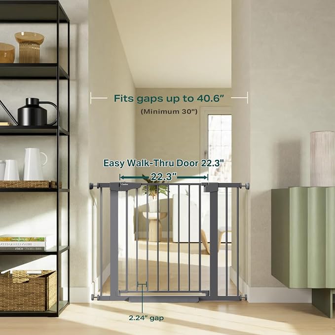 Cumbor 30-40.6" Baby Gate for Stairs and Doorways, Mom's Choice Award Winner, Pressure Mounted Indoor Dog Gate, Easy Walk Through Door, Child Safety Double-Lock, Pet Friendly, Cool Gray