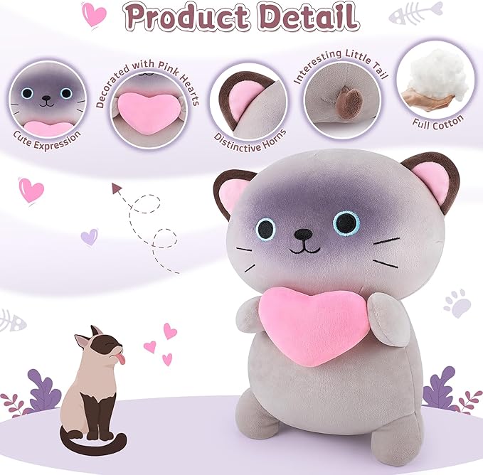 Achwishap Cat Stuffed Animal,Siamese Cat Plush with Love Heart,14” Siamese Cats Plush Toys,Cute Plushies Soft Cats Plushy Kawaii Plushie Huggging Pillow,Cuddly Animal Body Pillow for Kids Adults(Gray)