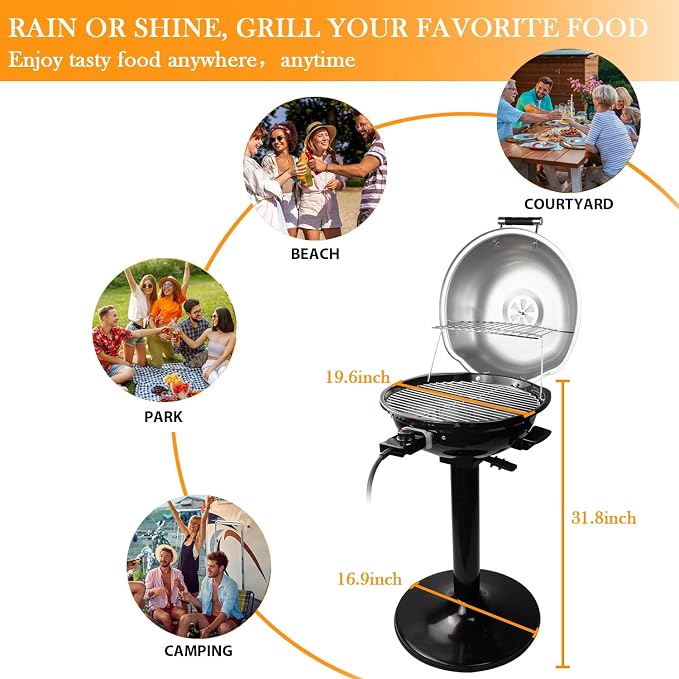 Electric Outdoor Grill Techwood 15-Serving Indoor/Outdoor Electric Grill for Indoor & Outdoor Use, Double Layer Design, Portable Removable Stand Grill, 1600W, Silver