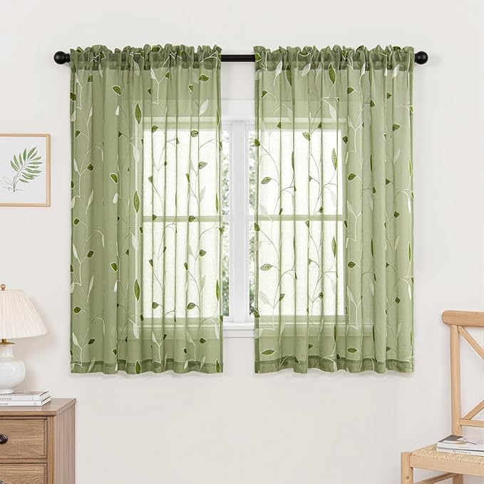 MIULEE Sage Green Sheer Curtains 2 Panels Embroidered Leaf Patterned Rod Pocket Floral Semi Sheer Faux Linen Short Window Curtains Drapes Set for Kitchen Living Room Bedroom, 52x45 Inches Length