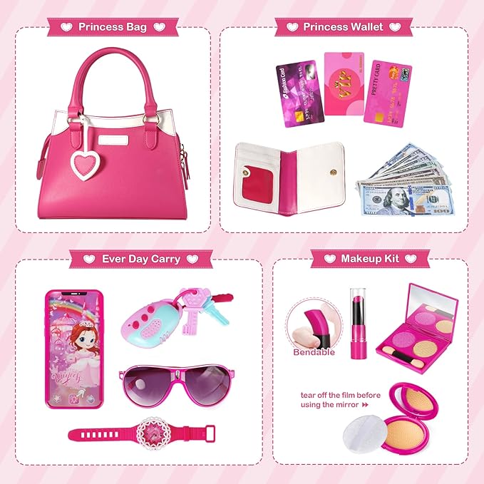 Shemira Play Purse for Little Girls, Princess Pretend Toys for Girls 3 4 5 6 7 8 Years Old, Christmas & Birthday Gift for Kids Age 3-5 4-6 6-8, Toddler Purse with Accessories, Kids Toy Purse,Pink