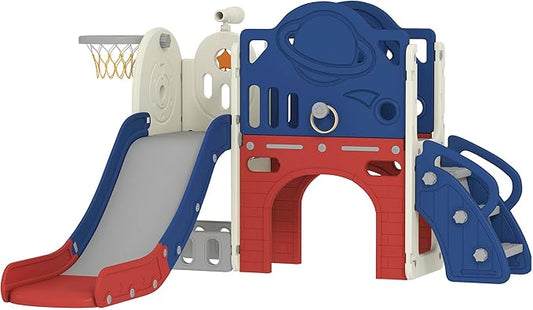Qaba 8 in 1 Toddler Slide Set, Kids Climber Slider with Basketball Hoop and Ball, Ring Toss, Telescope, Storage, Outdoor Indoor Playground for Toddlers Aged 1-6