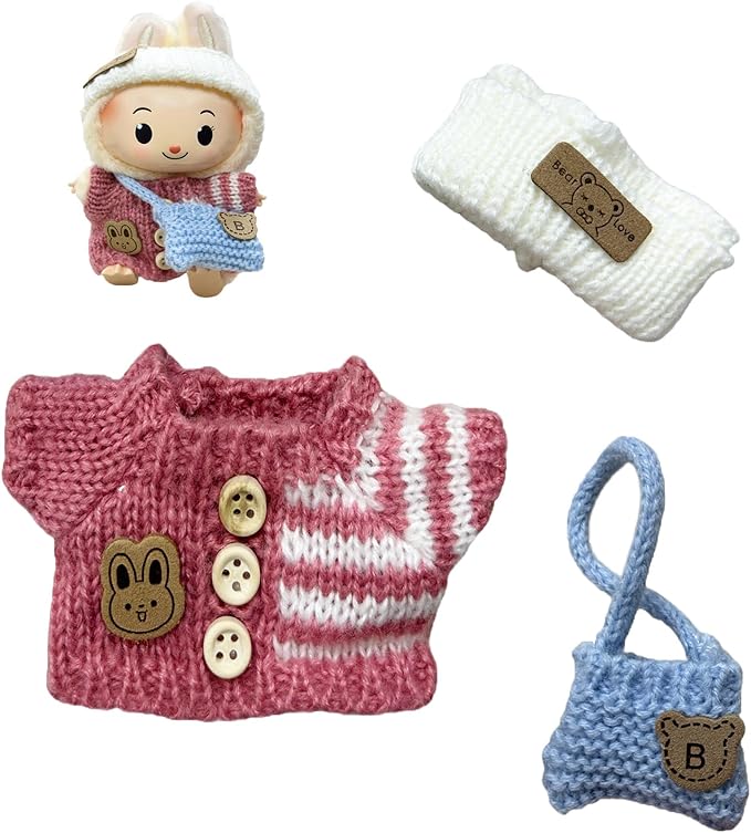 Clothes for Labubu Doll,6.7 Inch Doll Clothing Set - 3 Pieces of Handmade Clothes and Accessories for 17cm Plush Toys -Pink and White Bunny Sweater + Blue Shoulder Bag + White Headband