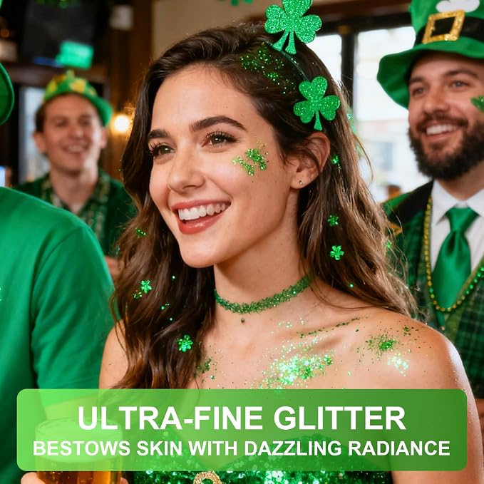 Green Face and Body Highlighter Spray for St. Patrick's Day Makeup, 0.14oz | High Gloss Powder, Waterproof Shimmer Spray for March 17th Mardi Gras Carnival Music Festival Outfits Rave Accessories