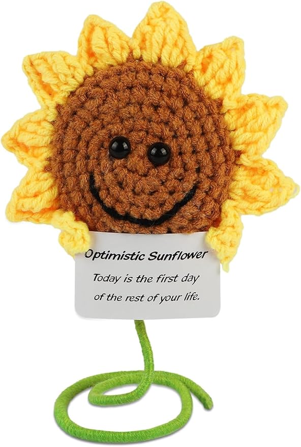 Hoedia Handmade Emotional Pickle Gift, Cucumber Crochet Doll Inspirational Gifts with Cards, Cute Knitted Funny Support Pickle Potato Friend Birthday (Positive Sunflower)