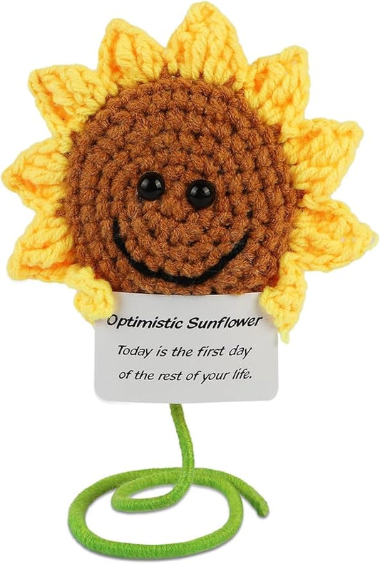 Hoedia Handmade Emotional Pickle Gift, Cucumber Crochet Doll Inspirational Gifts with Cards, Cute Knitted Funny Support Pickle Potato Friend Birthday (Positive Sunflower)