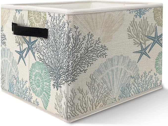 Coastal Beach Storage Bins Basket, Beach Room Decor, Coastal Coral Starfish Seashell Collapsible Fabric Storage Box Organizer Toybox for Bedroom Bathroom Clothes Books Toys