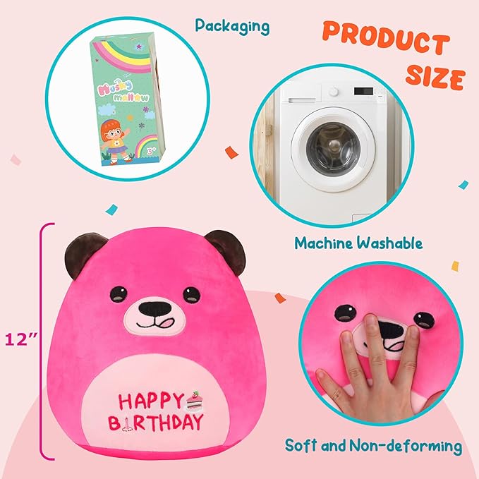 12” Birthday Bear Plush Pillow Hot Pink Happy Birthday Pillow Soft Cute Bear Plush Toy Stuffed Animal Gifts for Kids