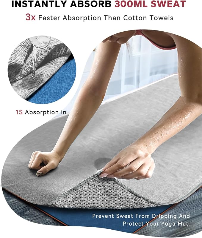 HAPBEAR 2 Pack Hot Yoga Towel with Non-Slip Grip Dots, 72" x 24" - Super Absorbent, Soft Microfiber Yoga Mat Towel for Bikram, Gym, Pilates - Grey