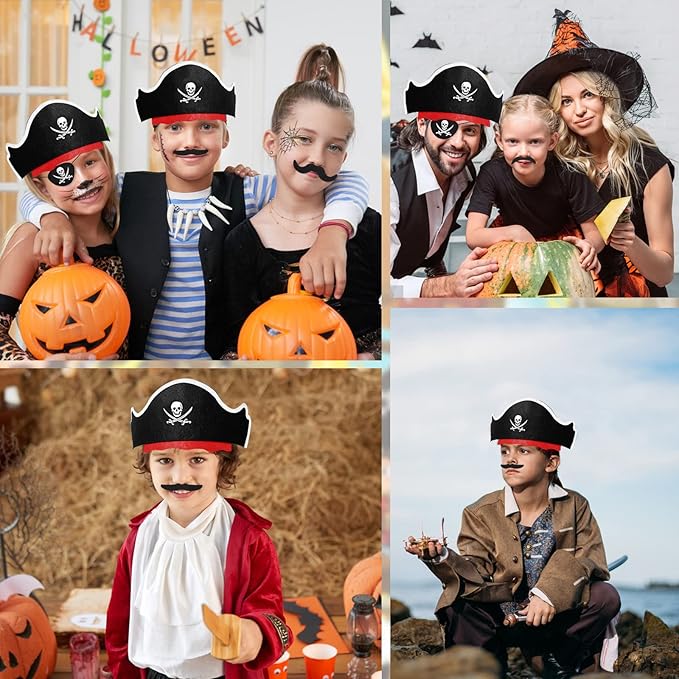 Halatool 36 Set Pirate Accessories Bulk for Kids, Include 36 Felt Pirates Hats with 36 Eye Patches and 36 Mustaches, Pirate Costume Accessories for Halloween, Masquerade, Cosplay, Party Favors Decor