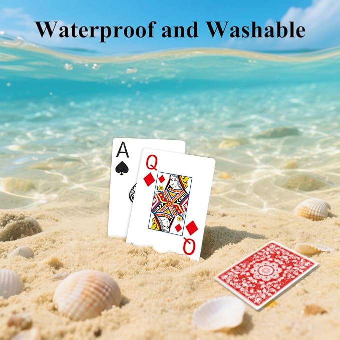Plastic Playing Cards Waterproof Cards Poker Card 2 Pack Playing Card Large Print for Adults Seniors, Deck of Card Set Poker Cards for Beach Trip Pool Party Games (Red)