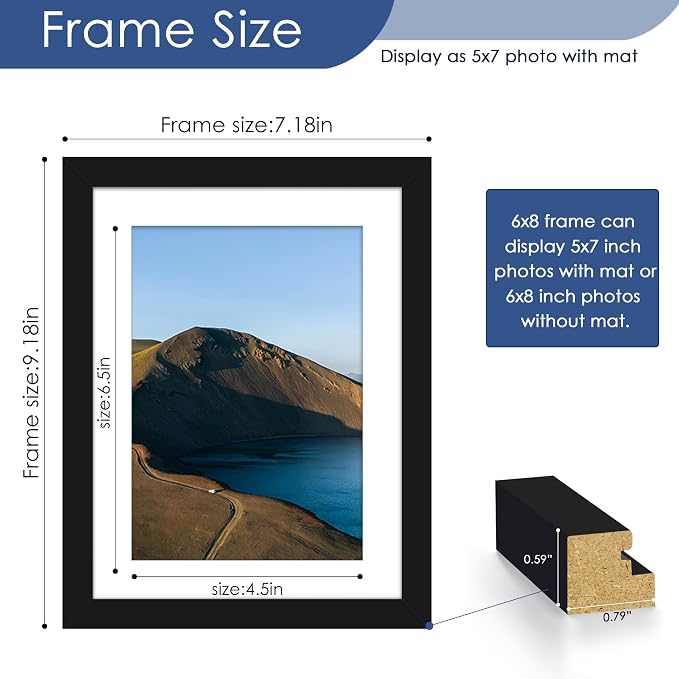 6x8 Picture Frame Set of 6, Wall or Tabletop Display, Black | Display 5x7 with Mat or 6x8 Without Mat, Horizontal or Vertical, Gallery Wall Frame Set for Wedding & Room & Home Decor