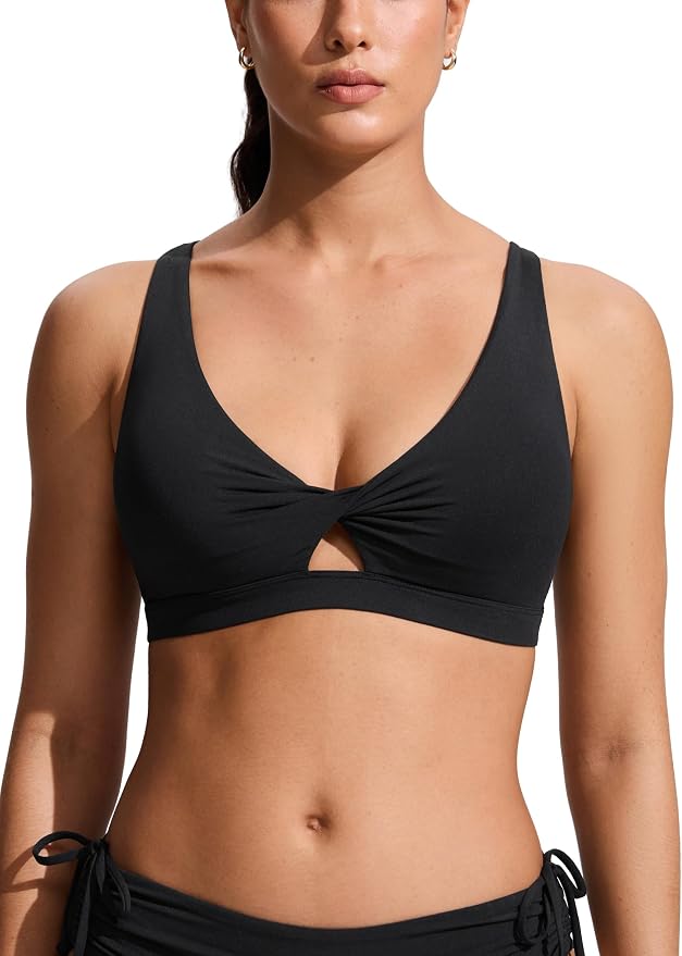 CRZ YOGA Twist Front Cut Out Bikini Tops for Women - Padded V Neck Spaghetti Strap Criss Cross Swim Bathing Suit Bra