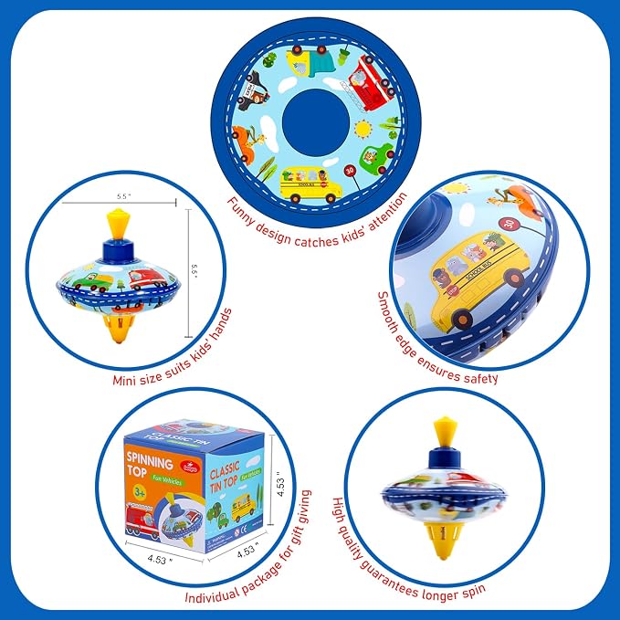 Retro Spinning Top Tin Toy for Kids – Fun Vehicle Classic Toys - Toddler Traditional Spin Tops - Metal Fidget Spinner for Kindergarten – Sensory Gyroscope - Novelty Gifts Party Favors