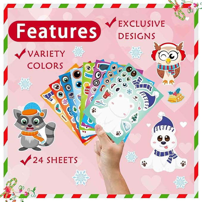 24 Sheets Winter Stickers for Kids Toddlers, Make-a-face Stickers Make Your Own Winter Animal Stickers, Winter Holiday Gifts Christmas Party Decorations Supplies