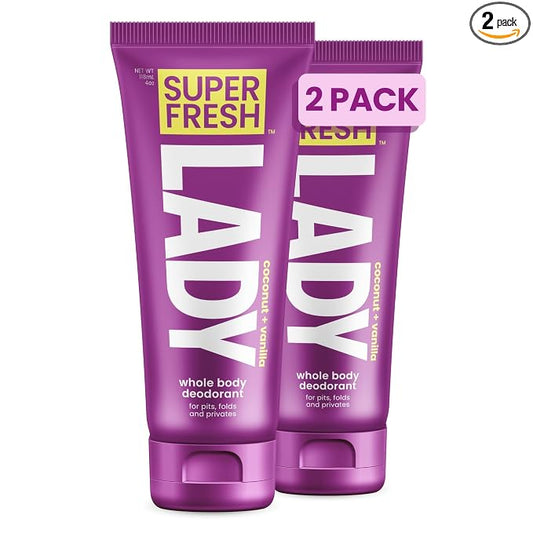 Super Fresh Lady Whole Body Deodorant for Women Twin Pack Aluminum Free Lotion for Privates Body and Skinfolds Stops Odor Coconut Vanilla Scent Feminine Hygiene Two 4 oz Tubes for Daily Use