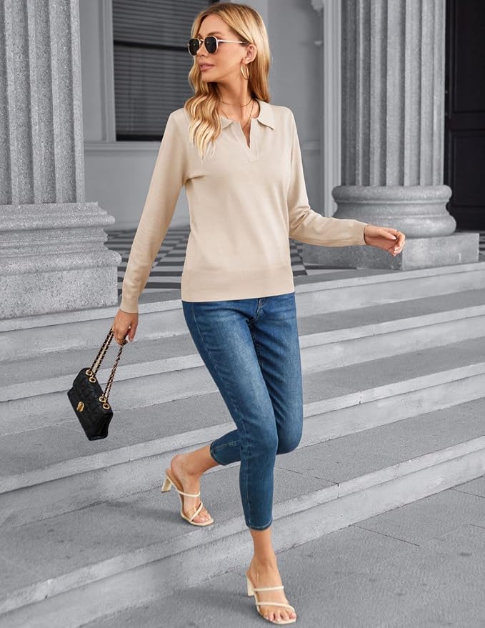 Women's Long Sleeve Classic V Neck Casual Fall Winter Polo Sweater Tops | Basic Collared Knitted Fashion Work Business Formal Daily Wear Versatile Pullover Shirts