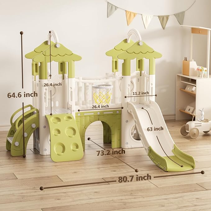 YUFU 9 in 1 Toddler Slide, Kids Slide with Double Climbers, Basketball Hoop, Tunnel and Storage Space, Indoor Outdoor Playset for Toddlers Age 1-3 (Green)