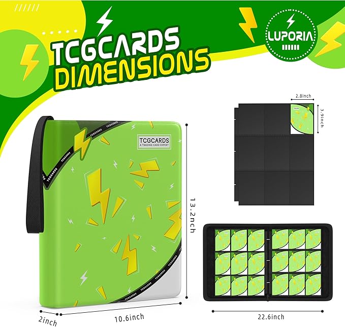Trading Card Binder 9 Pocket,900 Pocket Card Collection Binder with 50 Removable Sleeves,PU Waterproof Top Card Book,3-Ring Zipper Collectible Trading Card Album for MTG/TCG/Card Holder Gift(Green)
