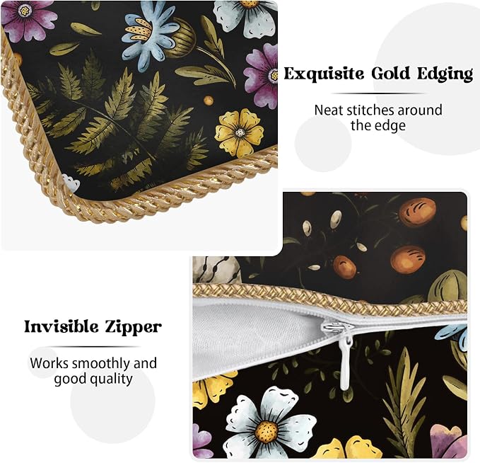 Blue Yellow Purple Floral Soft Velvet Throw Pillow Covers Set of 2 Plant Botanical Flowers Decorative Pillow Covers 16x16 In Vintage Black Pillow Case For Sofa Couch Living Room Farmhouse Home Decor