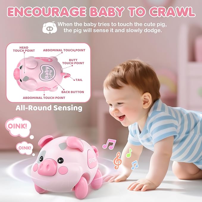 Baby Musical Toys for 6-12-18 Months, Musical Piggy Toys for Toddler 1 Year Old Baby Girl, Infant Crawling Light up Music Toys for Tummy Time Development, 1st Birthday Gift for Boy 7 8 9 10+ Month