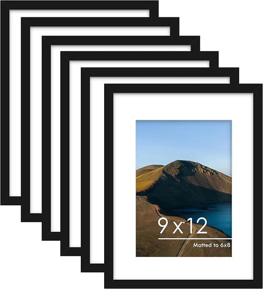 9x12 Picture Frame Set of 6, Wall or Tabletop Display, Black | Display Pictures 6x8 with Mat or 9x12 Without Mat, Horizontal or Vertical, Gallery Wall Frame Set, Wedding Birthday Gifts