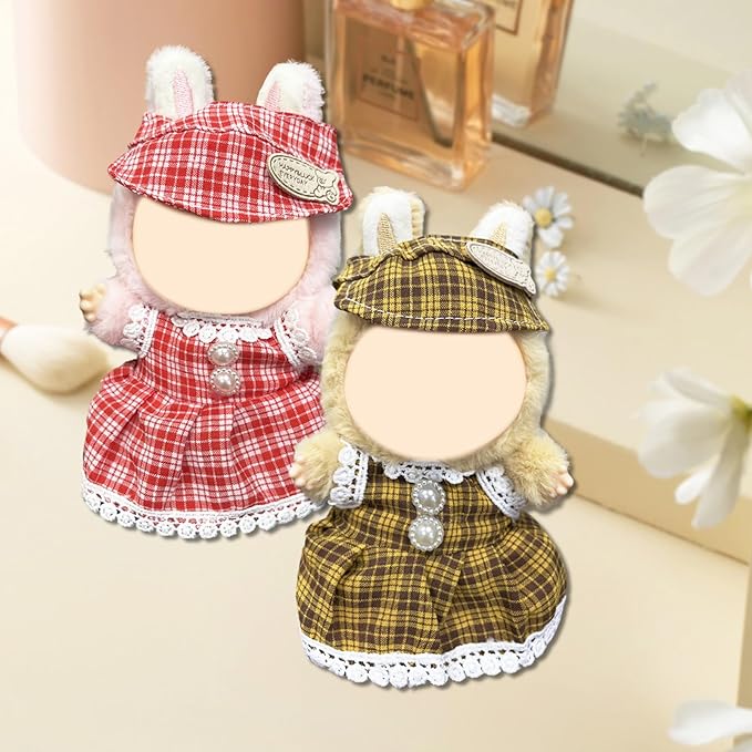 Doll Clothes for Labubu,Cute Outfit for 17cm Doll Clothe 2/3PCS Clothes and Hats Stylish Dolls Clothe for 17 cm Labubu,Casual Style Costumes for Labubu Dolls (Yellow red Plaid Set)
