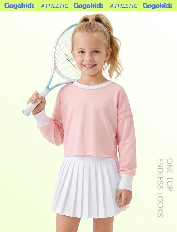 Gogokids Girls Shirts Long Sleeve Athletic Shirts Open Back Tops Active Sports Tshirts Yoga Workout Crop Tees 5-14 Years