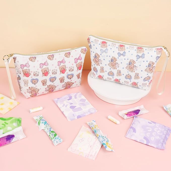 Period Bag for Teen Girls, Quilted Sanitary Napkin Storage Bag, Cute Bears Menstrual Pad Pouch Tampon Holder (Large-Blue)