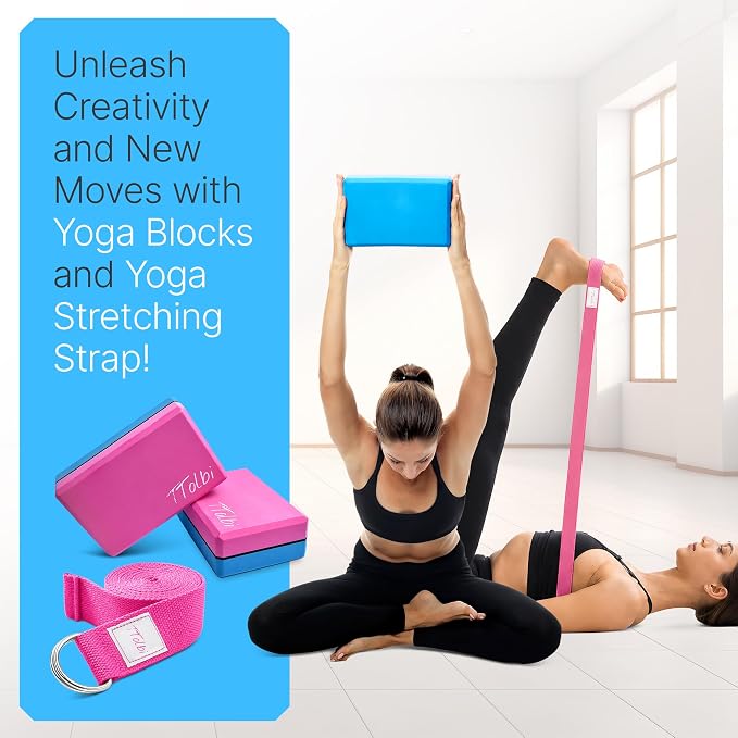TTolbi Yoga Starter Kit - Yoga Blocks 2 Pack, Strap & 2 Knee Pad Cushions | Non-Slip EVA Foam Equipment for Stretching, Flexibility & Joint Comfort | Home Pilates Set for Beginners, Women & Men